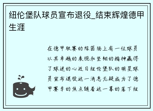 纽伦堡队球员宣布退役_结束辉煌德甲生涯